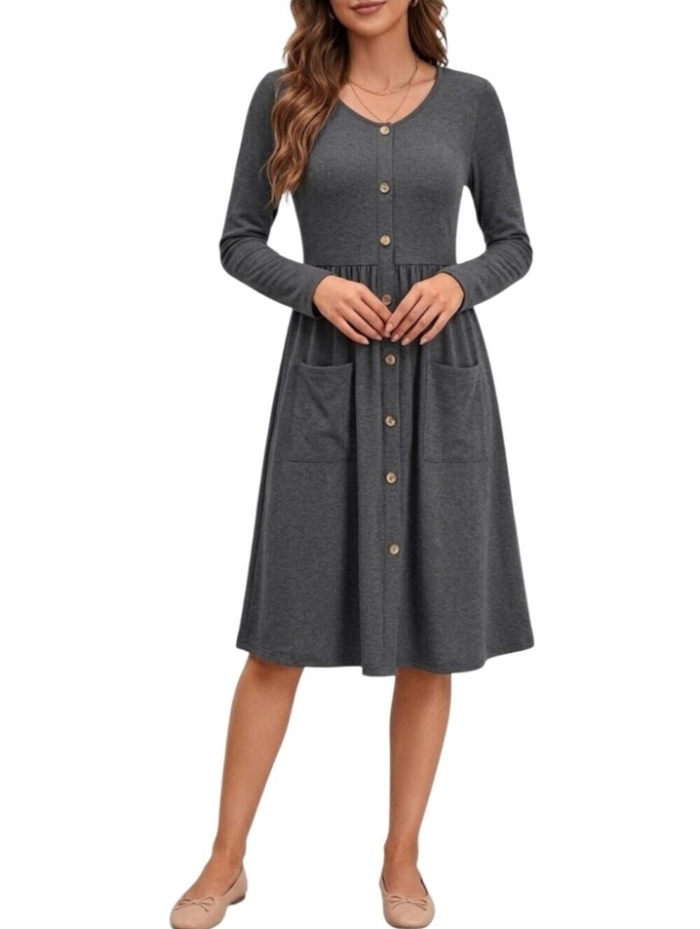 Women's Long Sleeve Gray Button-Front Dress